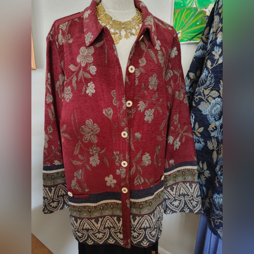 Floral Burgundy Button-Up Women's 30" long Jacket by Sag Harbor 24 w US